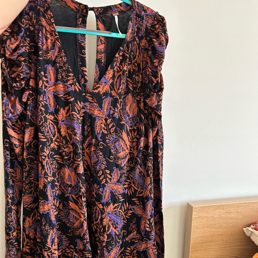 Free People black paisley mini dress puff sleeves keyhole size S